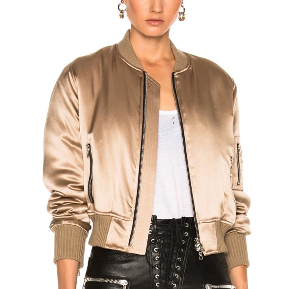 AMIRI Silk Bomber Jacket Tan Sand XS Womens Zip Up Track Jacket Designer Luxury